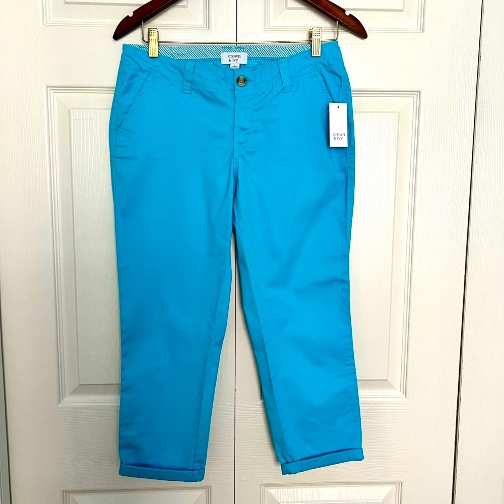 NWT Crown & Ivy Turquoise Rolled Cuff Cropped Chino Pants - Size 4